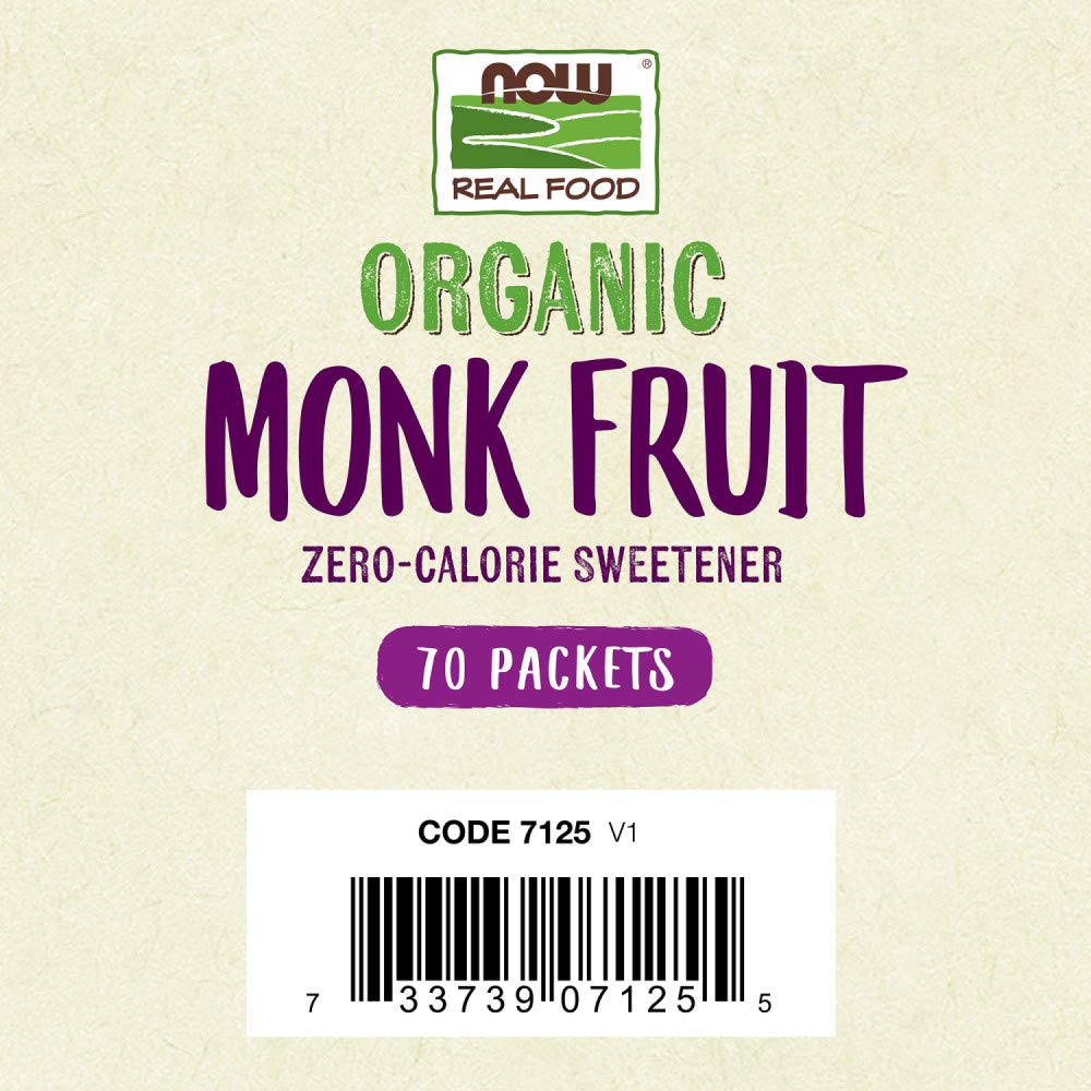 NOW Real Food packaging for organic monk fruit sweetener 70 packets zero calorie label and barcode