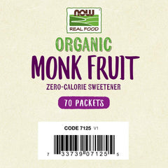 NOW Real Food packaging for organic monk fruit sweetener 70 packets zero calorie label and barcode