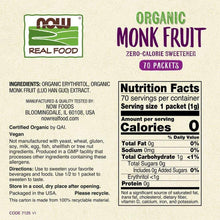 Organic monk fruit zero-calorie sweetener box panels with ingredients and nutrition facts