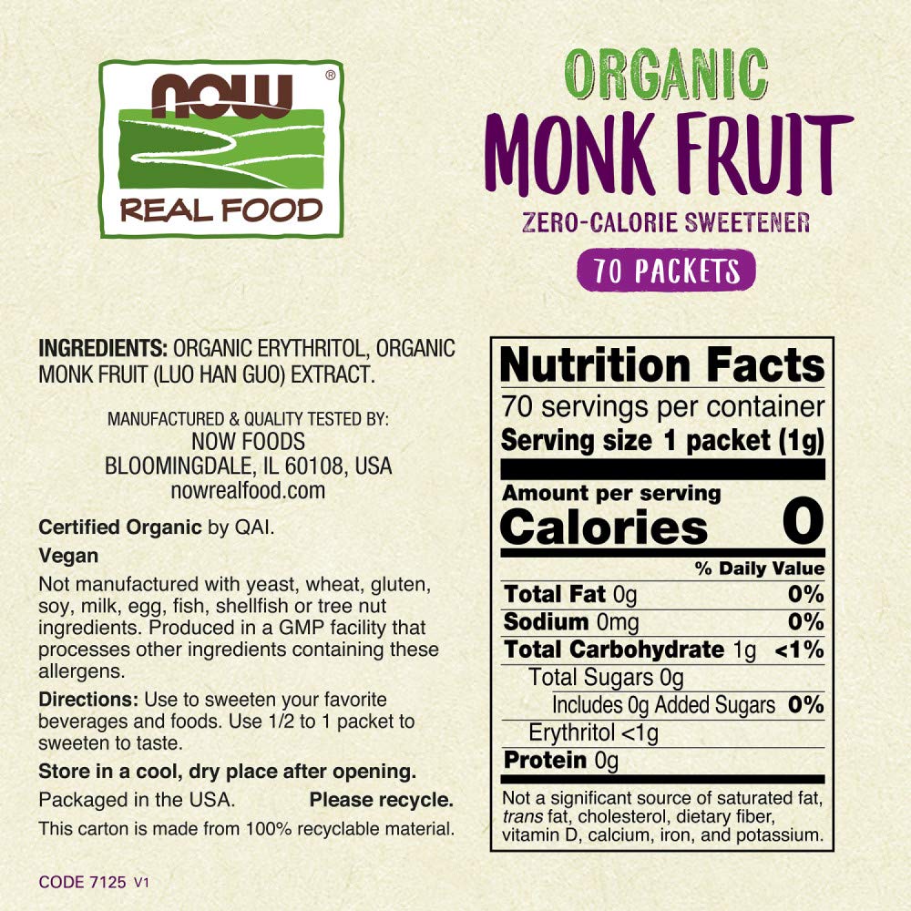 NOW Real Food package label for organic monk fruit sweetener 70 packets nutrition facts