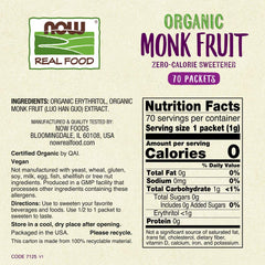 NOW Real Food package label for organic monk fruit sweetener 70 packets nutrition facts
