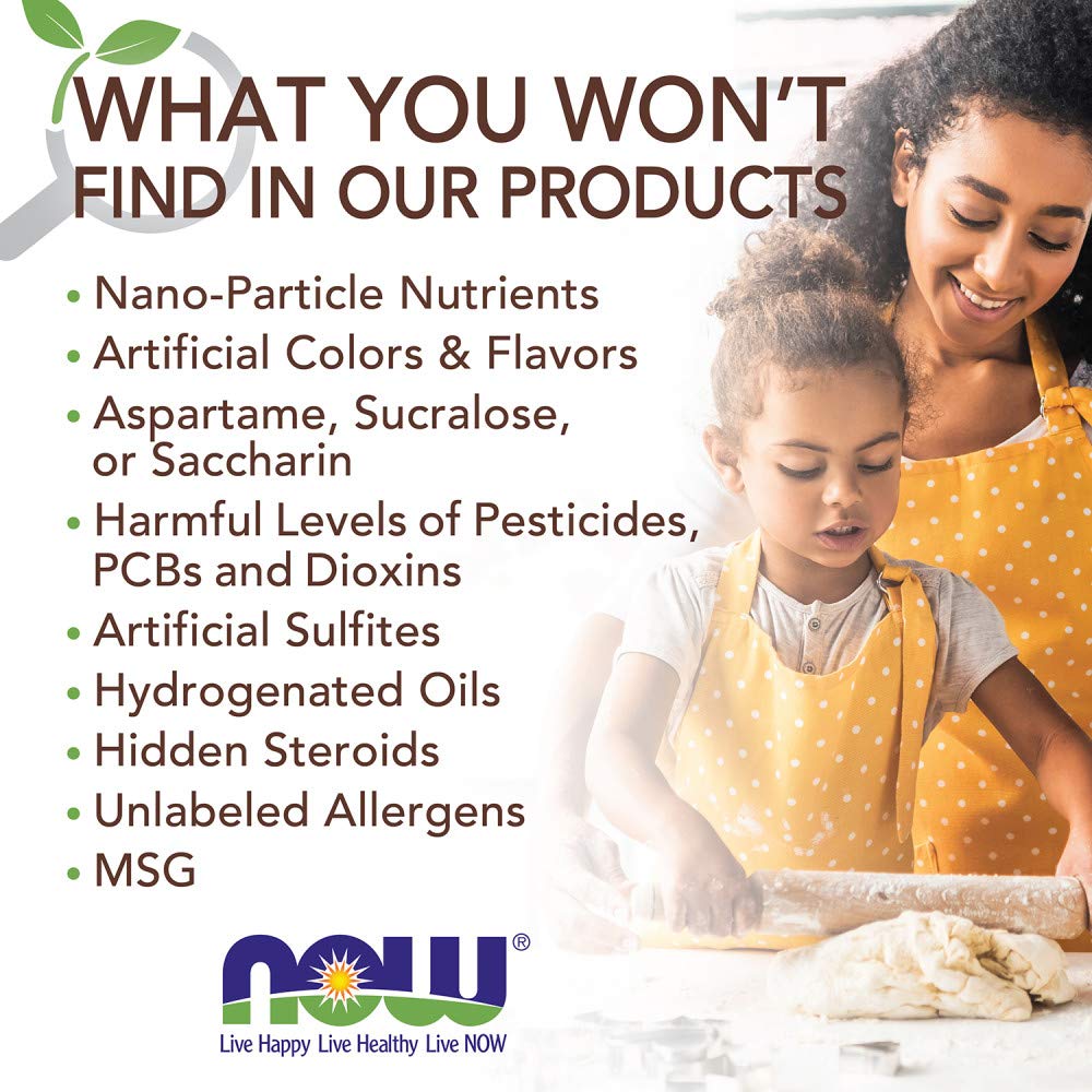 NOW packaging graphic listing ingredients not included beside mother and child baking promoting organic monk fruit sweetener