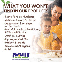 NOW packaging graphic listing ingredients not included beside mother and child baking promoting organic monk fruit sweetener