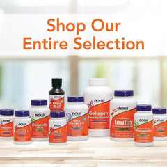 NOW supplement display with banner and various bottles including saw palmetto extract supplement
