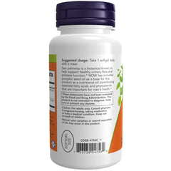 NOW bottle back label showing suggested usage and softgel size for saw palmetto extract supplement