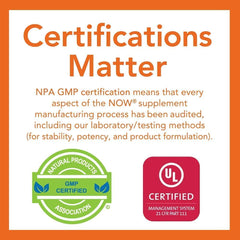 NOW saw palmetto extract supplement certifications matter graphic showing GMP and UL certified seals and manufacturing audit text