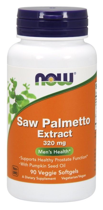 NOW brand bottle of saw palmetto extract supplement 320 mg 90 veggie softgels orange label