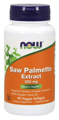NOW brand bottle of saw palmetto extract supplement 320 mg 90 veggie softgels orange label