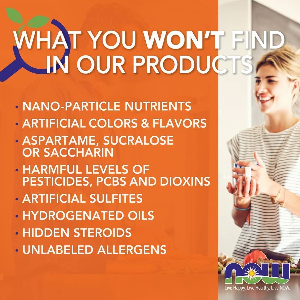NOW brand ad listing ingredients not in products beside smiling woman holding bottle promoting saw palmetto extract supplement