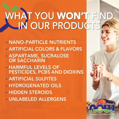 NOW brand ad listing ingredients not in products beside smiling woman holding bottle promoting saw palmetto extract supplement