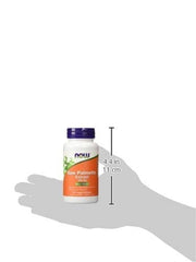 NOW saw palmetto extract supplement bottle with white and orange label shown on a hand for size reference