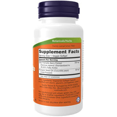 NOW brand white bottle with purple cap of saw palmetto extract supplement showing Supplement Facts label