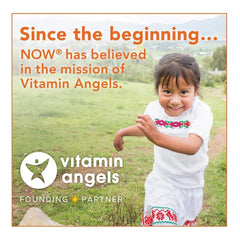 NOW Vitamin Angels founding partner ad with smiling girl in field, NOW logo and mission text, saw palmetto extract supplement