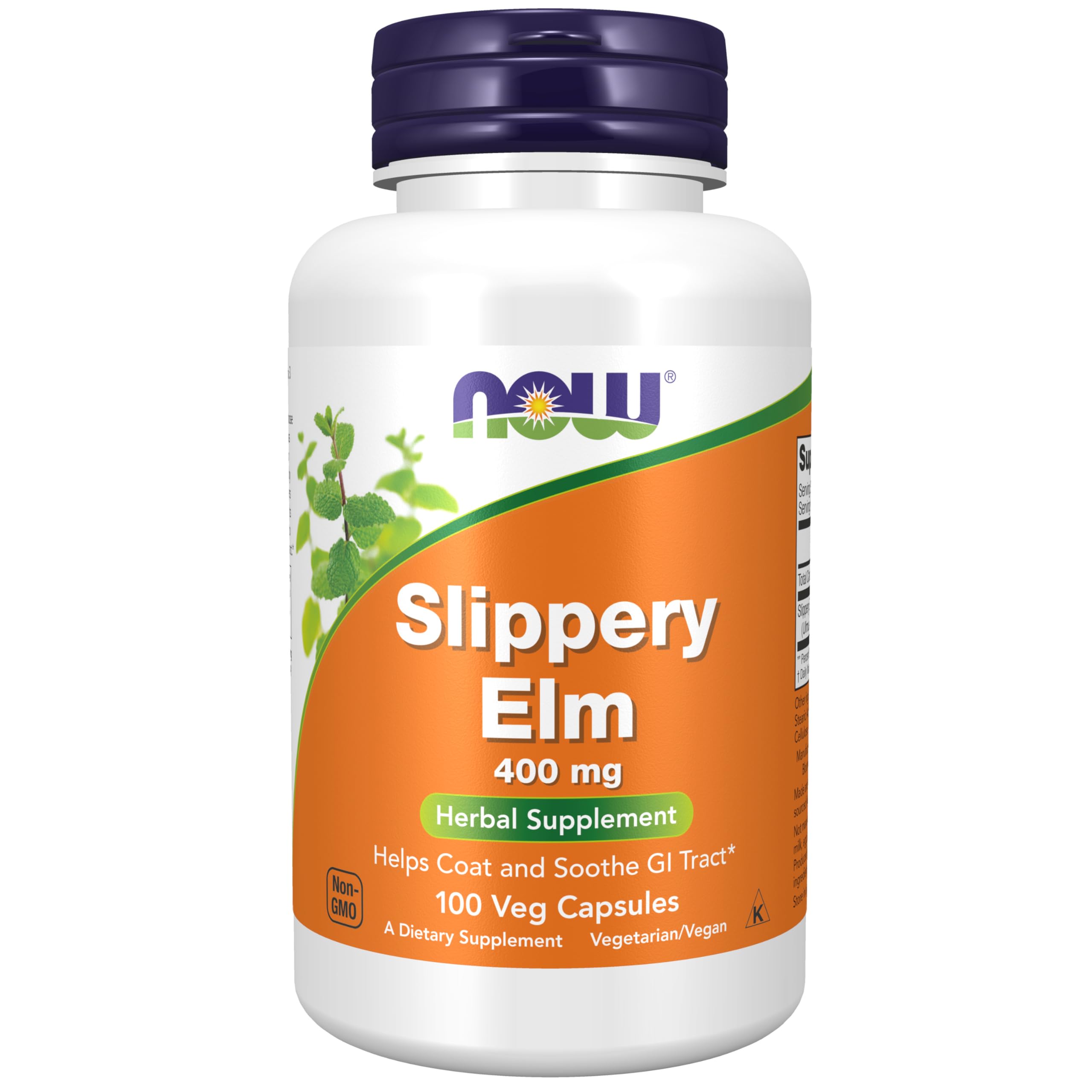 NOW Slippery Elm herbal supplement bottle 100 veg capsules slippery elm capsules 400mg for digestive support