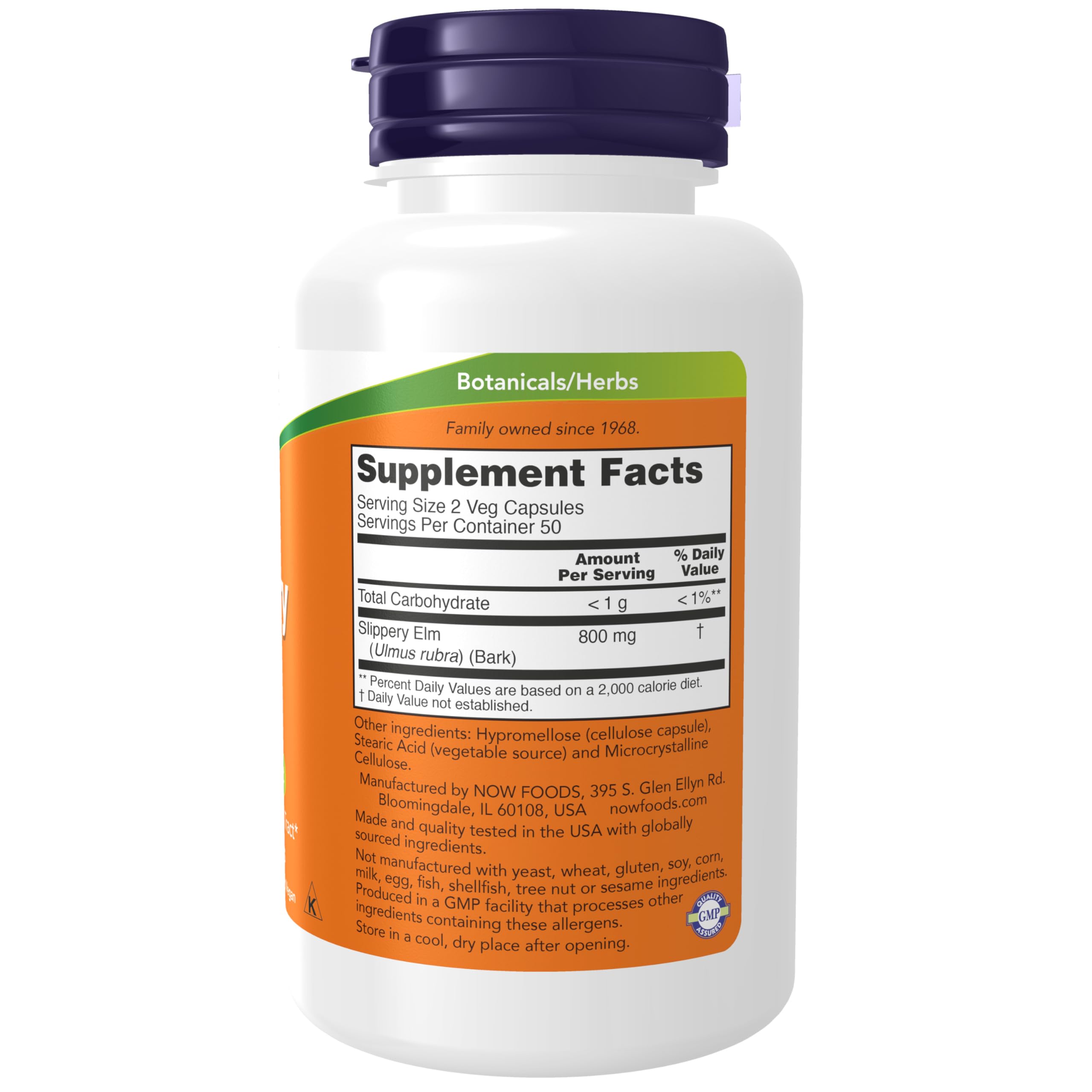 NOW white supplement bottle with purple cap showing supplement facts label for slippery elm capsules 400mg