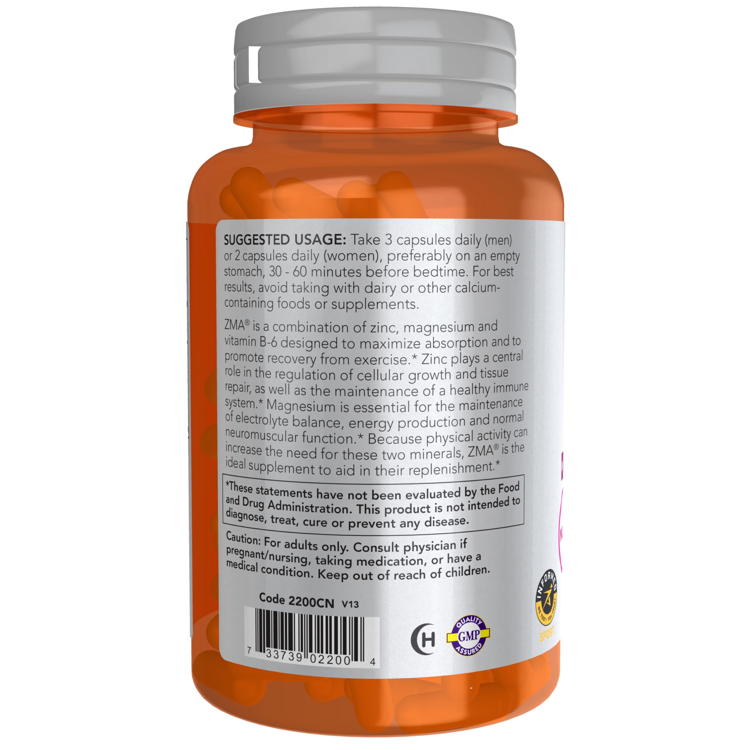 NOW ZMA sports recovery capsules orange bottle with gray lid showing back label and suggested usage