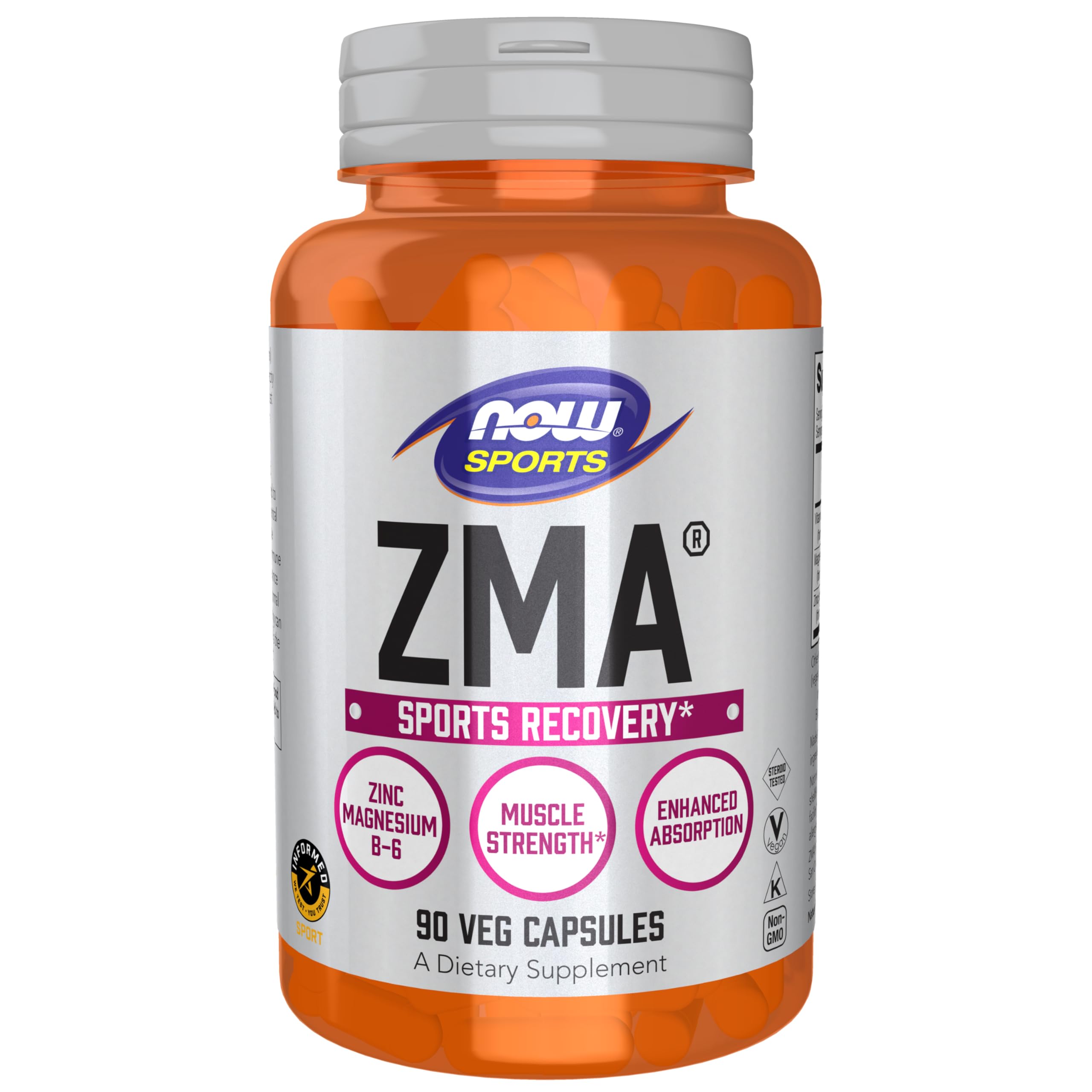 Orange vitamin bottle of NOW ZMA sports recovery capsules 90 veg capsules zinc magnesium B6 for muscle strength