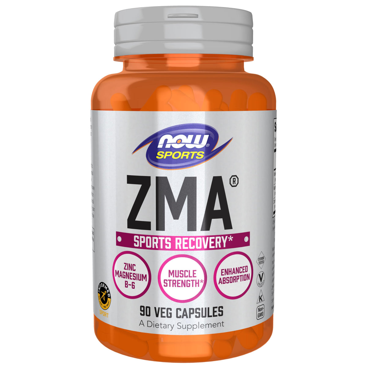 Orange vitamin bottle of NOW ZMA sports recovery capsules 90 veg capsules zinc magnesium B6 for muscle strength