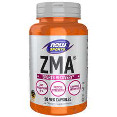 Orange vitamin bottle of NOW ZMA sports recovery capsules 90 veg capsules zinc magnesium B6 for muscle strength