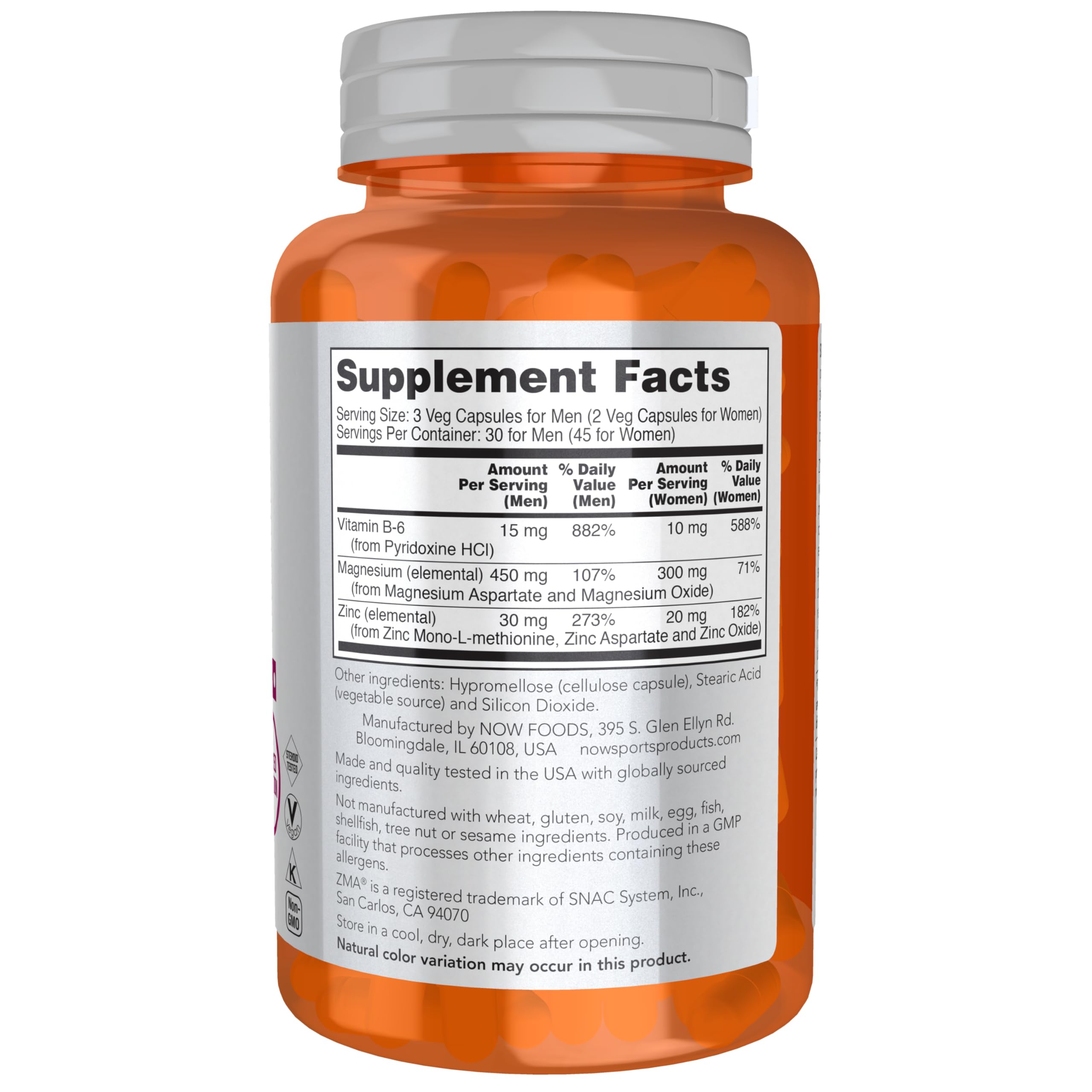 Back label and Supplement Facts on orange bottle of NOW ZMA sports recovery capsules with white cap