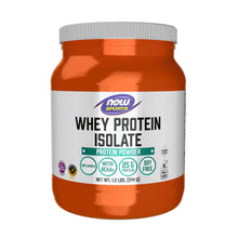 NOW Sports whey protein isolate tub with orange lid, white label, 1.2 lb