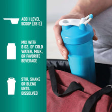 NOW Sports whey protein isolate mixing instructions with blue shaker bottle and scoop