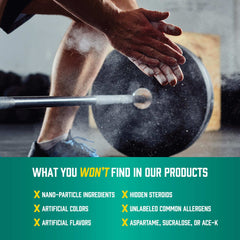 NOW gym ad with athlete chalking hands by barbell and clean label list promoting whey protein isolate powder UAE