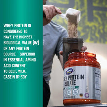 NOW Sports whey protein isolate tub with a scoop heaped over a container