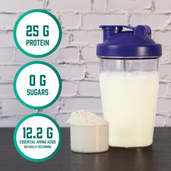 NOW whey protein isolate powder UAE scoop and mixed shake in purple lid shaker with nutrition badges