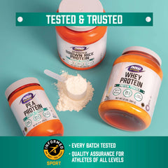 NOW whey protein isolate powder UAE and plant protein trio with scoop of powder and Tested and Trusted banner