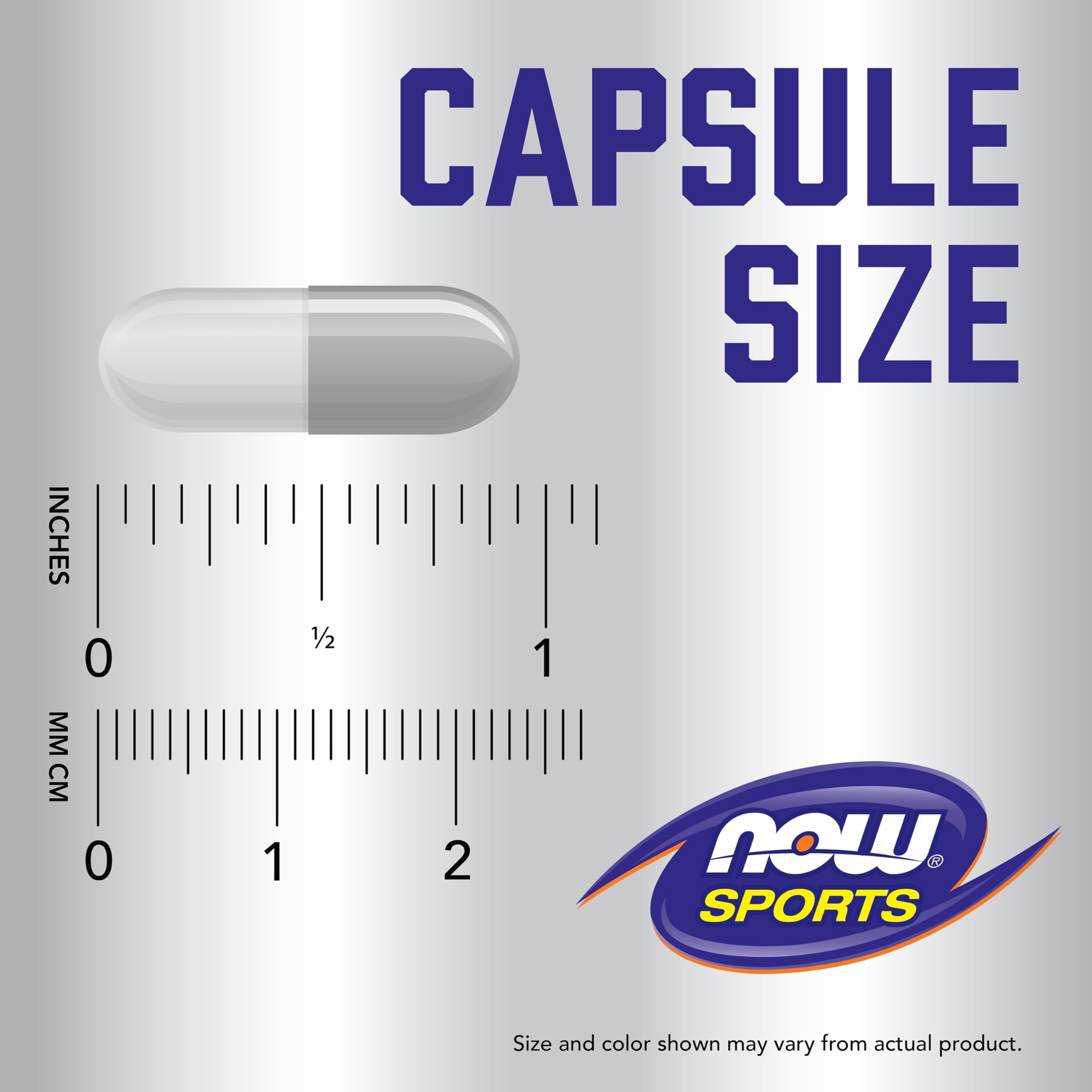 NOW Sports capsule size image showing a gray capsule next to rulers showing dimensions ZMA supplement for sports recovery.