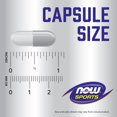NOW Sports capsule size image showing a gray capsule next to rulers showing dimensions ZMA supplement for sports recovery.