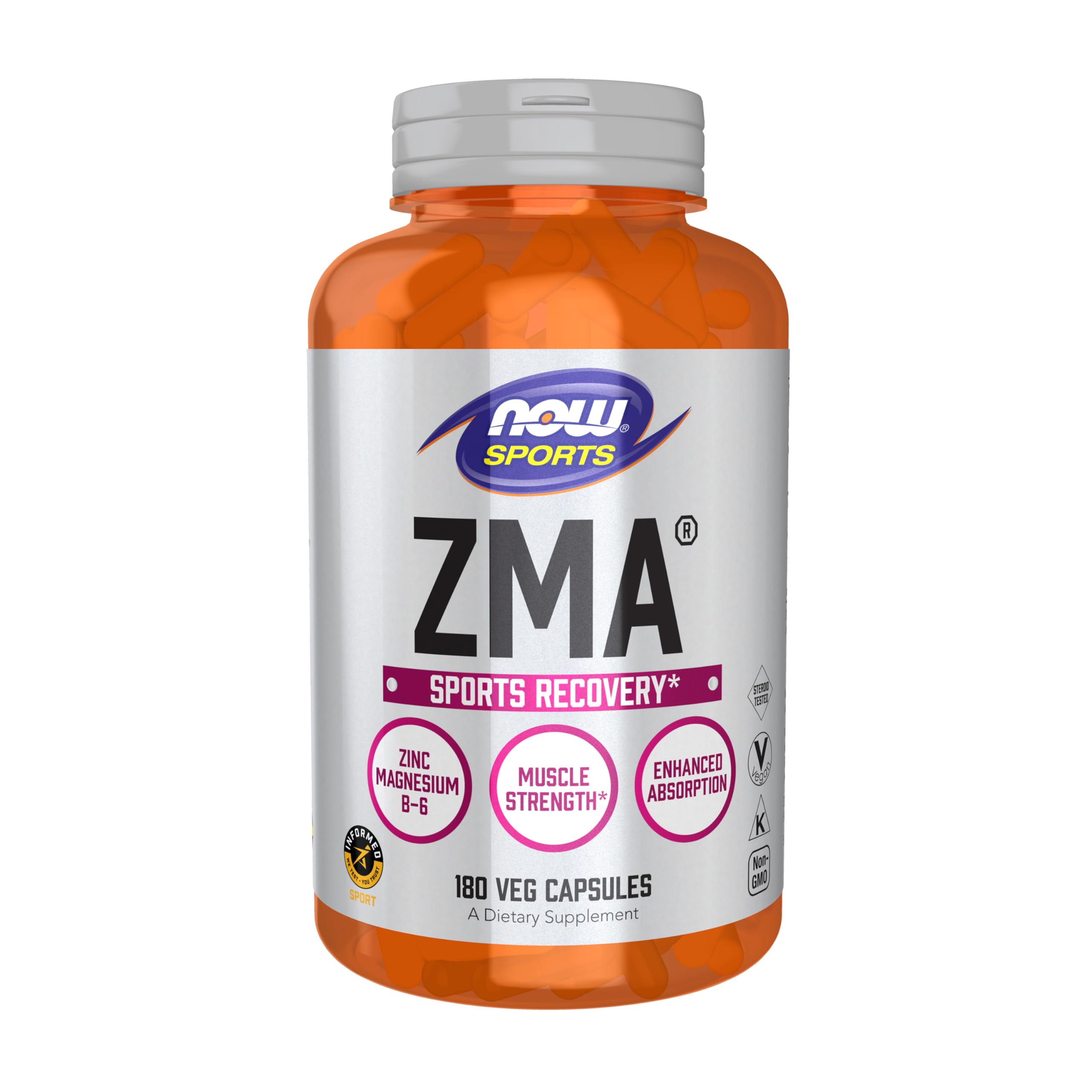 NOW Sports ZMA supplement for sports recovery. Orange bottle of 180 veg capsules showing label zinc magnesium B6