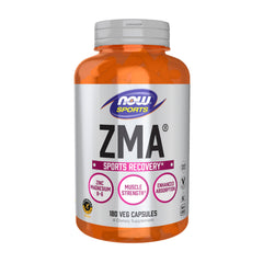 NOW Sports ZMA supplement for sports recovery. Orange bottle of 180 veg capsules showing label zinc magnesium B6