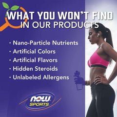 NOW Sports promotional image with fit woman and list of excluded ingredients advertising ZMA supplement for sports recovery
