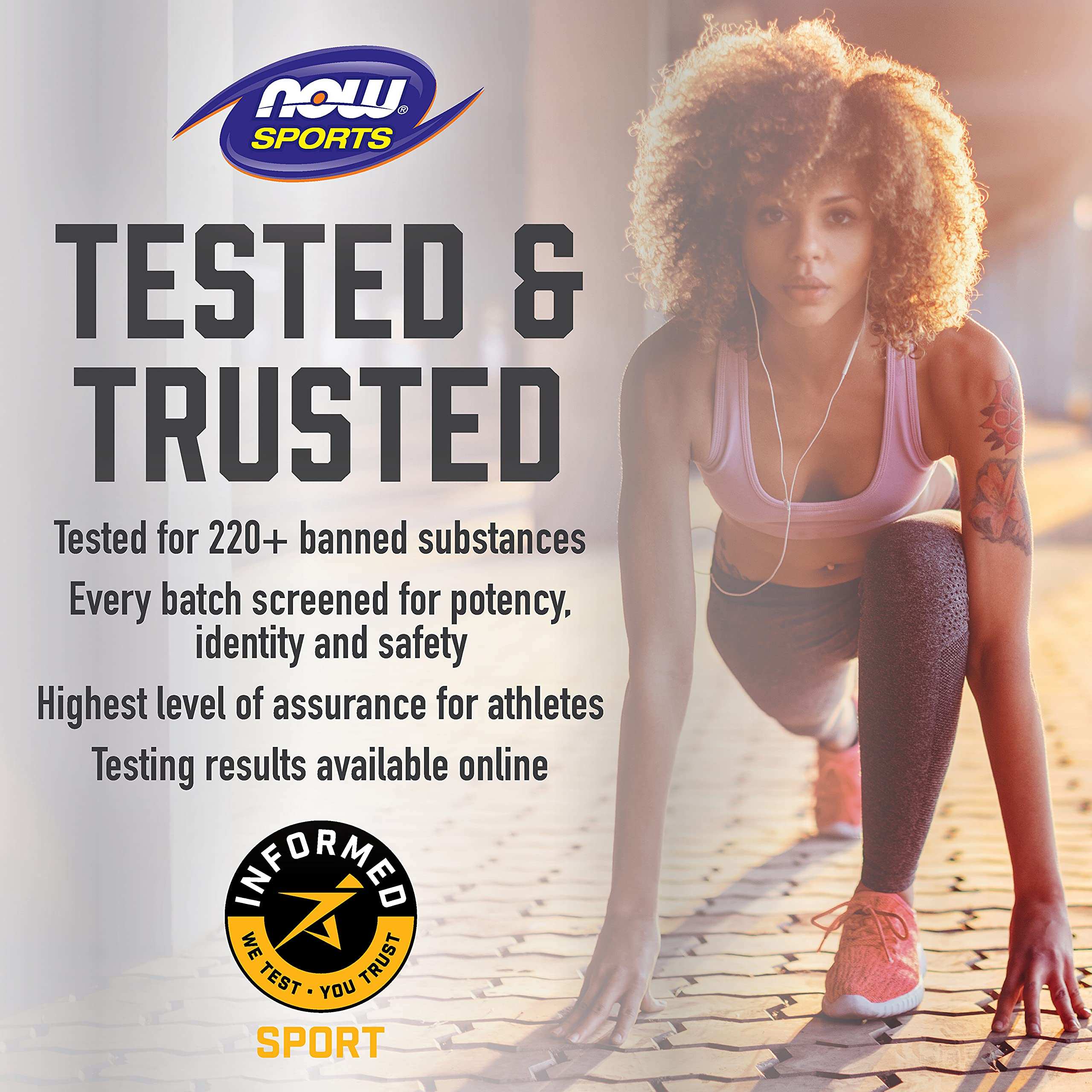 NOW Sports ad showing female runner in starting pose with Tested and Trusted seal promoting ZMA supplement for sports recovery
