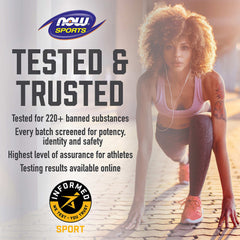 NOW Sports ad showing female runner in starting pose with Tested and Trusted seal promoting ZMA supplement for sports recovery