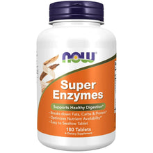 NOW Foods Super Enzymes supplement bottle with blue cap and orange front label
