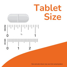 Tablet size infographic with capsule outline and inch and centimeter measurement marks