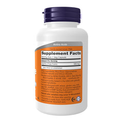 NOW supplement bottle with purple cap and orange label showing taurine 500mg capsules Supplement Facts