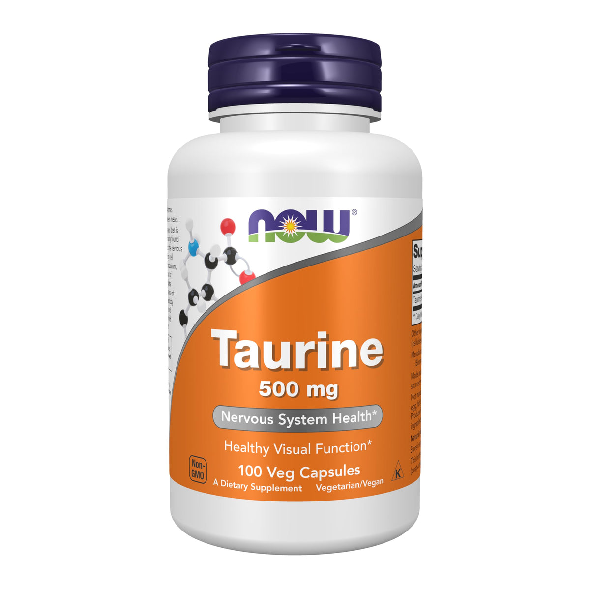 NOW taurine 500mg capsules dietary supplement bottle orange label purple cap 100 vegetarian capsules for nervous system health