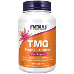 NOW TMG Betaine 1000 mg liver support dietary supplement bottle 100 tablets orange label