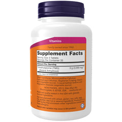 NOW supplement bottle with orange label and purple cap showing TMG Betaine 1000 mg liver support facts