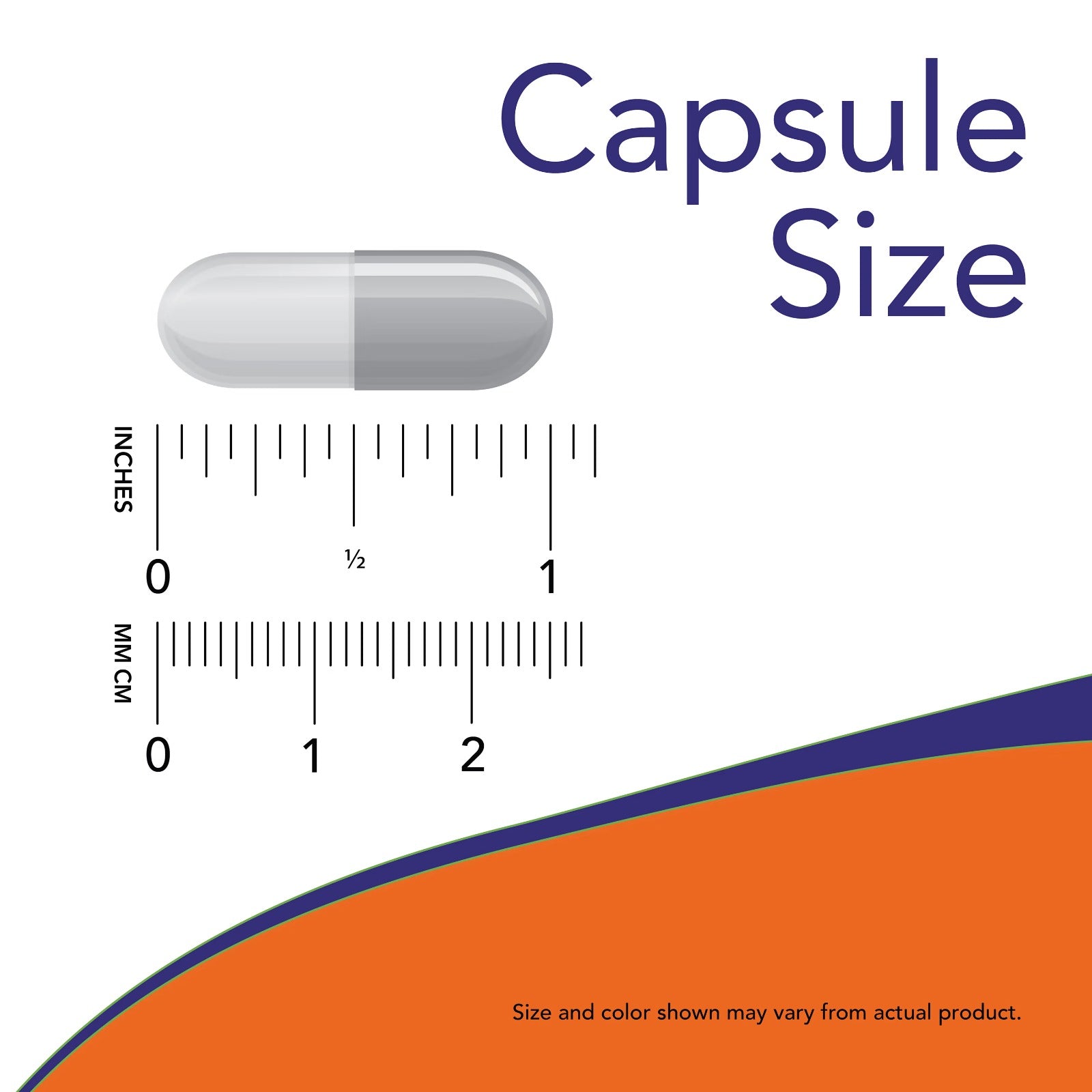 Turmeric curcumin capsules UAE size comparison showing capsule length in inches and millimeters