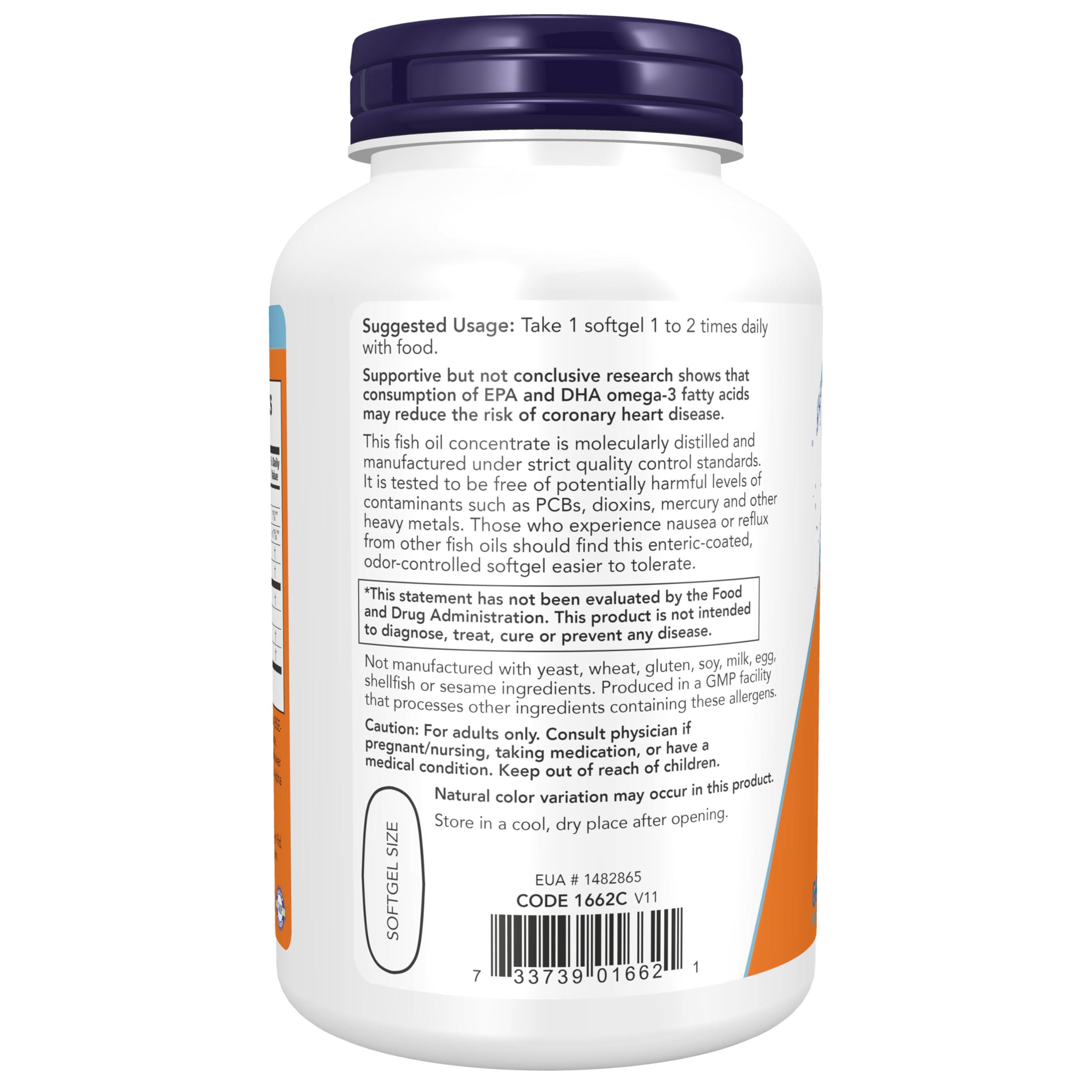 NOW ultra omega 3 fish oil capsules white bottle with purple cap showing back label and suggested usage text