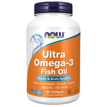 NOW Foods Ultra Omega-3 fish oil bottle, front label, 180 soft gels