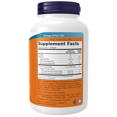 NOW bottle showing Supplement Facts label for ultra omega 3 fish oil capsules white bottle with purple cap
