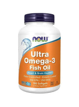 Omega-3 fish oil supplement bottle with Ultra Omega-3 label, 180 softgels