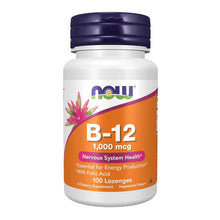 NOW B12 bottle with B-12 1,000 mcg label and 100 lozenges, dark cap
