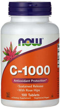 Now Foods C-1000 vitamin C supplement bottle with rose hips, white with purple cap